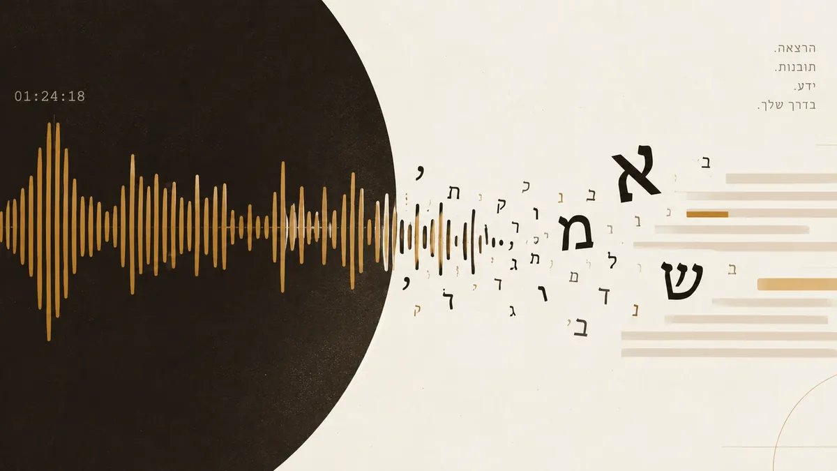 גל קול זהוב של הרצאה על רקע כהה, שמתפרק לאותיות עבריות ומתיישב בצד הבהיר לשורות טקסט מסודרות.