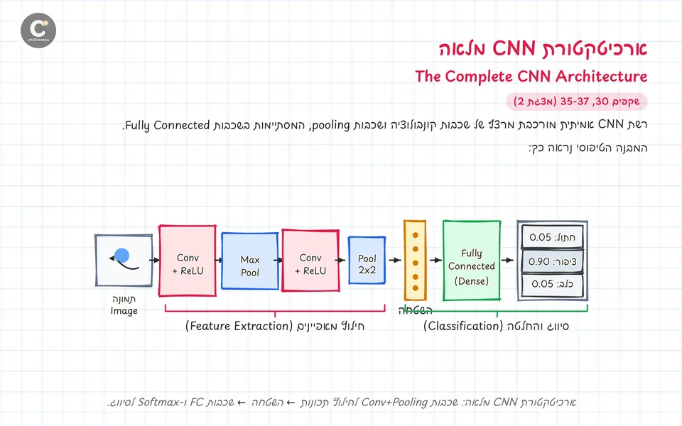עמוד מחברת בנושא ארכיטקטורת CNN: כותרת בעברית ובאנגלית, הפניה לשקפים 30 ו-35–37, פסקת הסבר ותרשים של שכבות הרשת מהקלט ועד הסיווג.