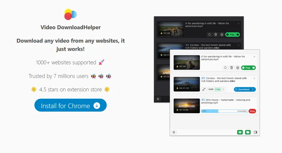 דף התוסף Video DownloadHelper עם כפתור ההתקנה ל-Chrome.